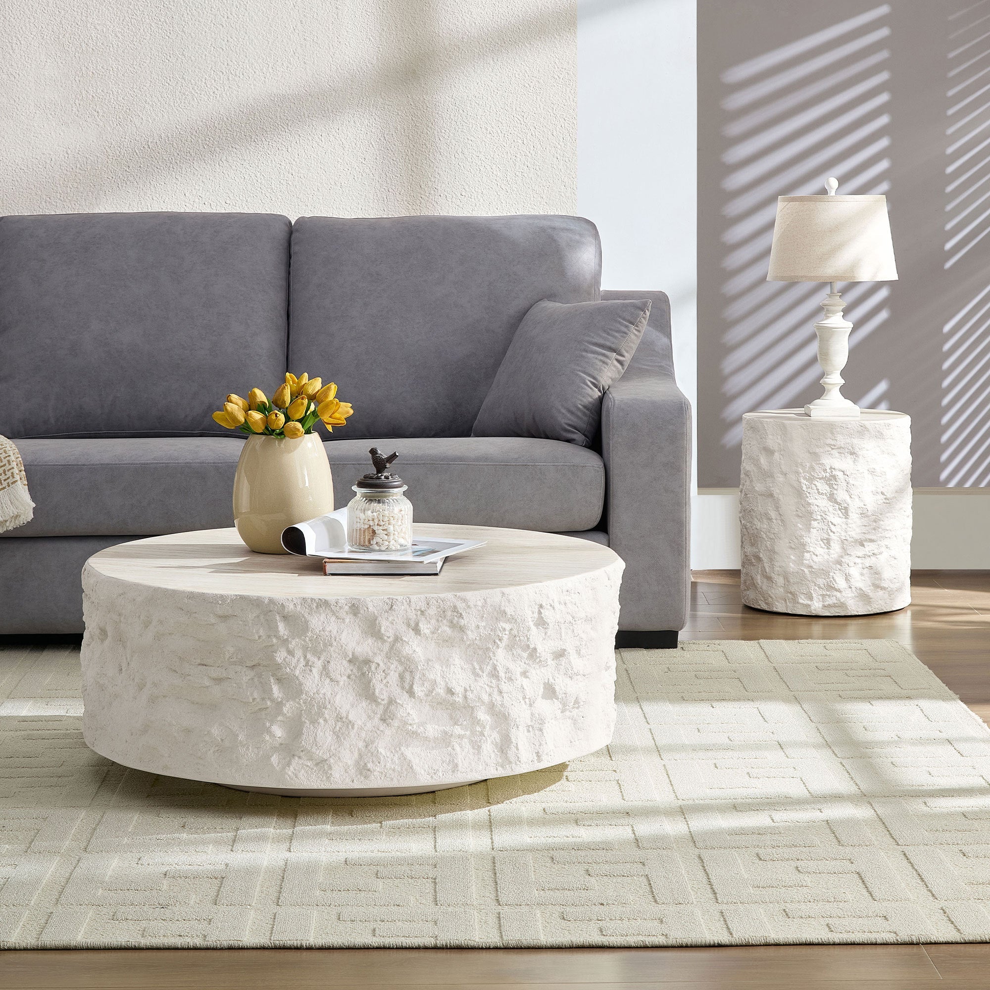 15.75 in Round Fiberglass Side Table, Imitation Stone Design, No Assembly, Beige