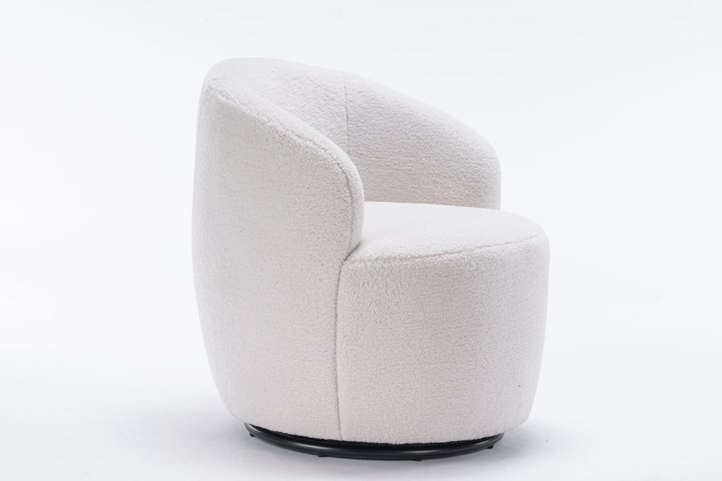 Accent Chair Swivel Barrel Teddy Fabric Ivory Black Ring Base 360 Degree 250 LB