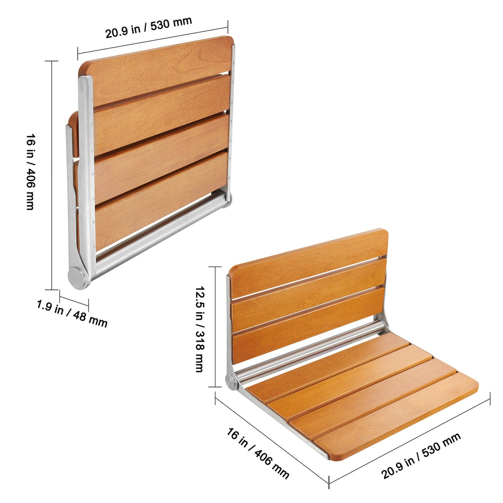 Shower Seat Folding Wall-Mounted Teak Wood 500 LB 20.9x16 In Space-Saving