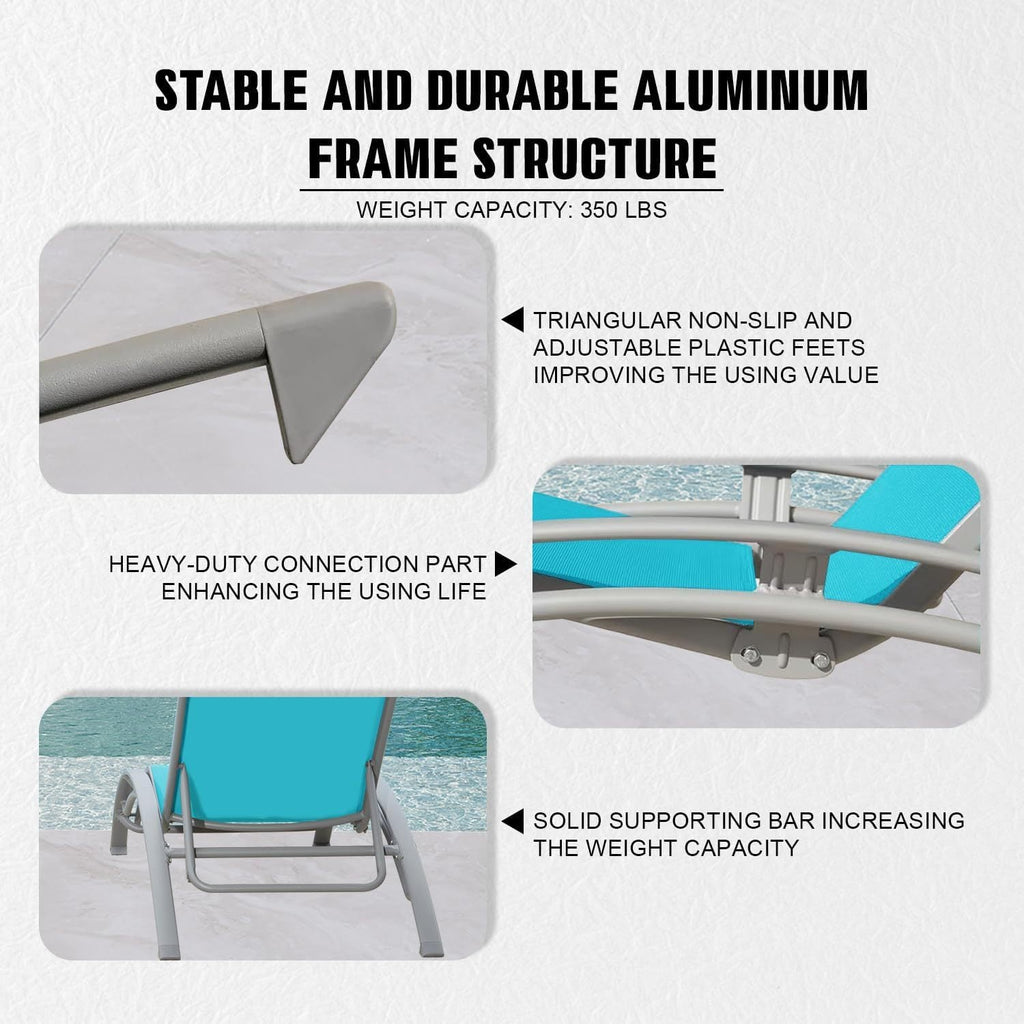 Outdoor Lounge Chair Aluminum Lake Blue Textilene 5 Position 350 LB