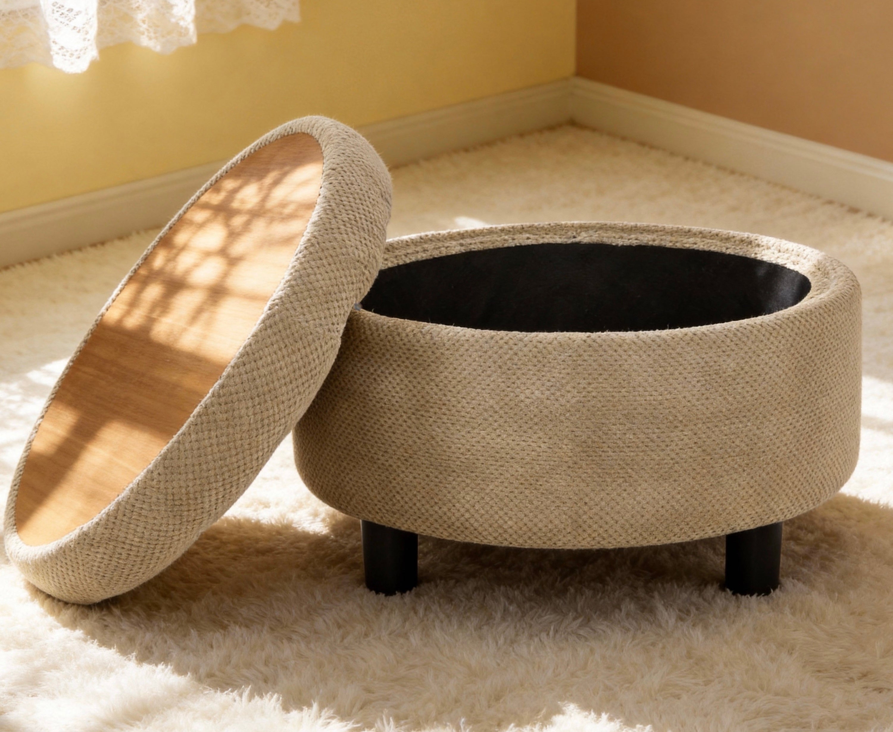 25 Inch Round Storage Ottoman with Wooden Top Side Table, Camel Fabric