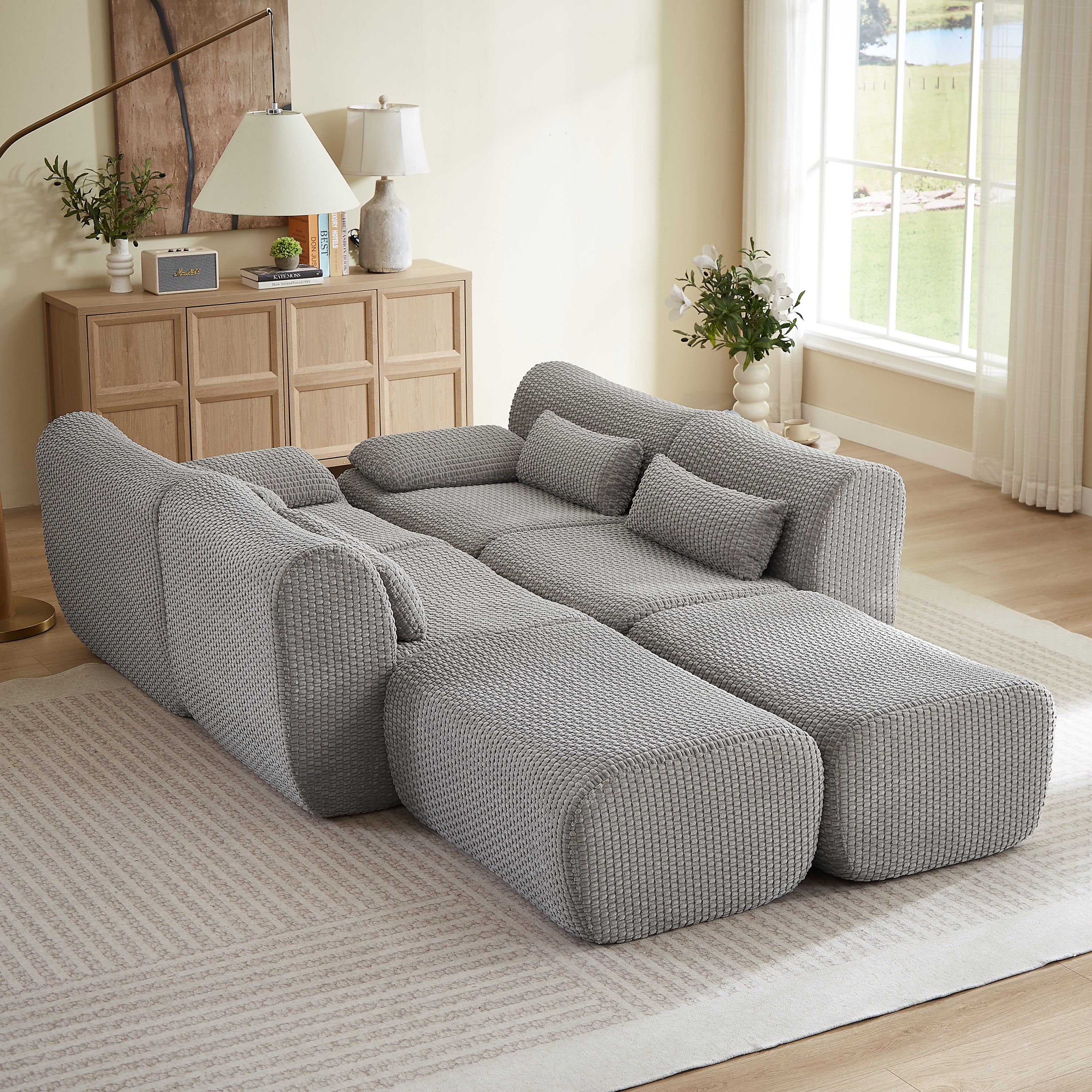 Sectional Sofa U-Shape Convertible Corduroy Gray 6 Seat Ottoman