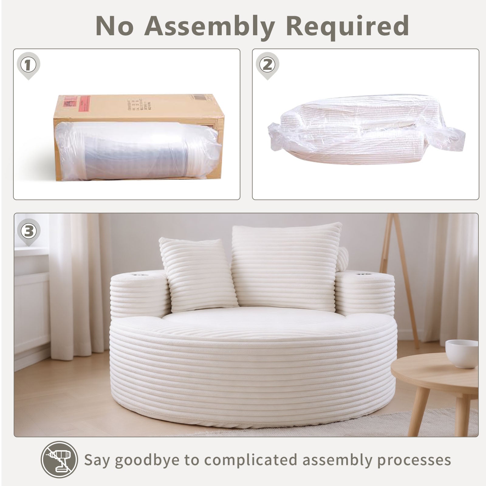 Sofa Round Memory Foam Velvet White with Cup Holder 55 In