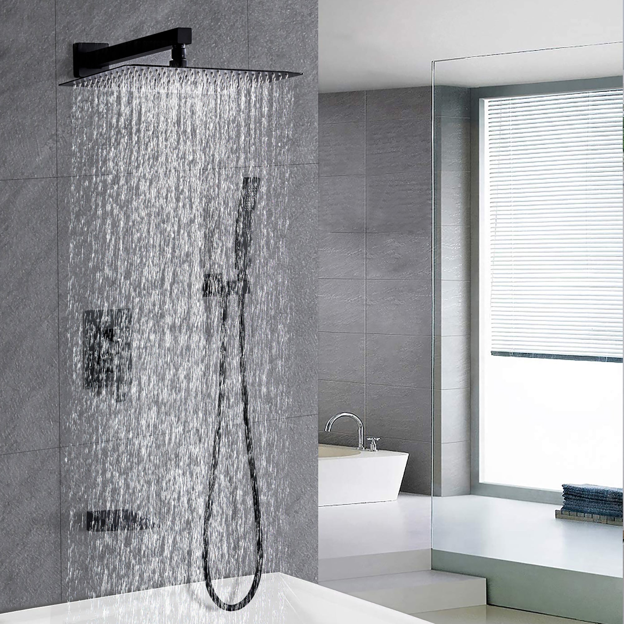 Matte Black All Metal Tub Shower Faucet Set with 12in Rain Shower Head, Wall