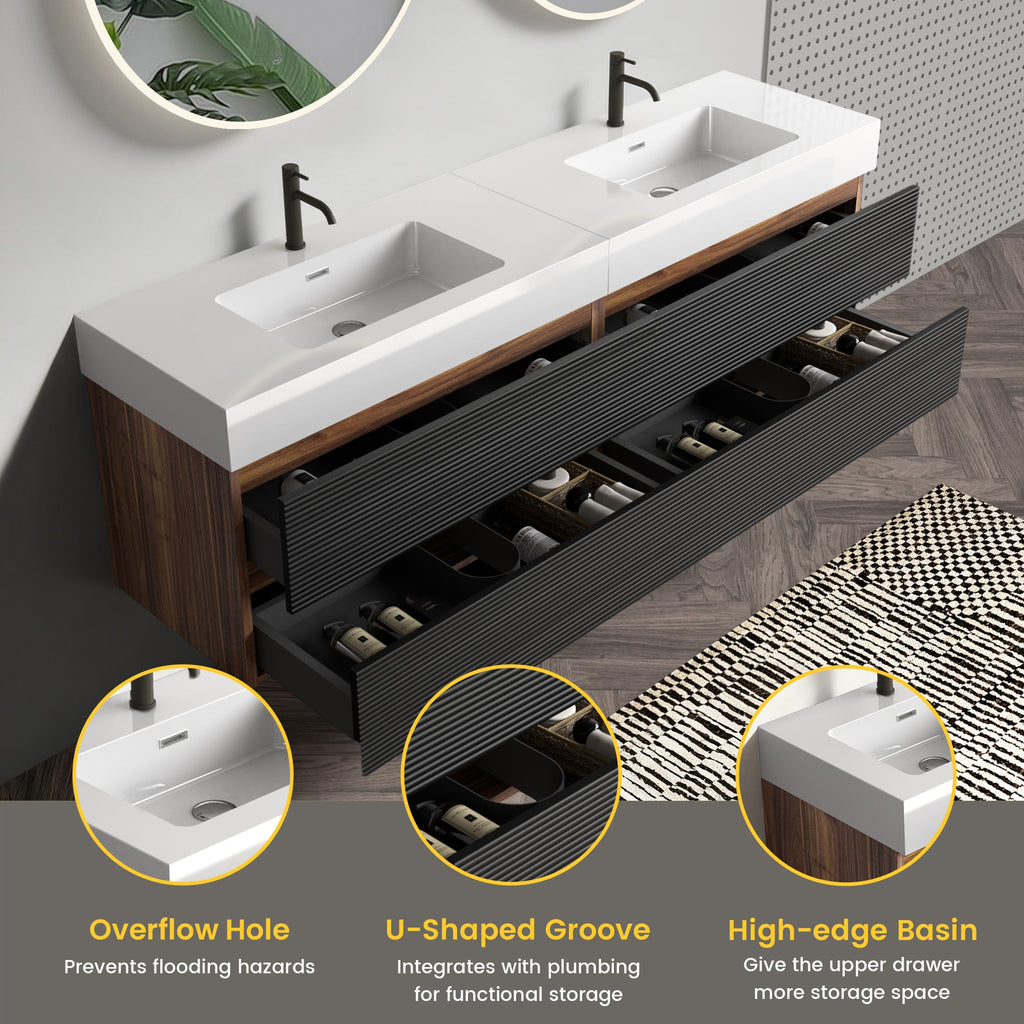 72'' Double Bathroom Vanity with Matt Black Quartz Sink Soft Black Drawers Wall Mount