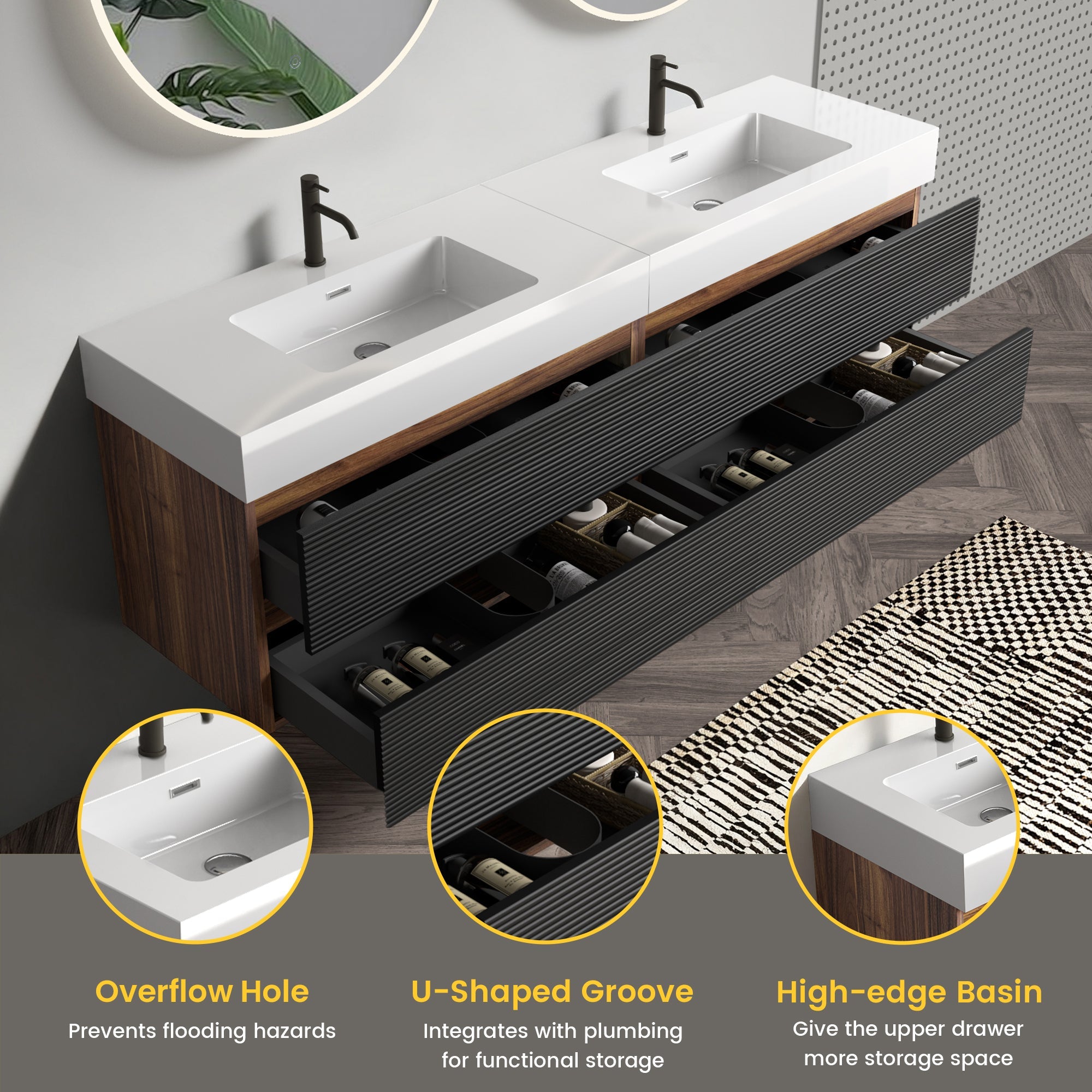 72'' Double Bathroom Vanity with Matt Black Quartz Sink Soft Black Drawers Wall Mount