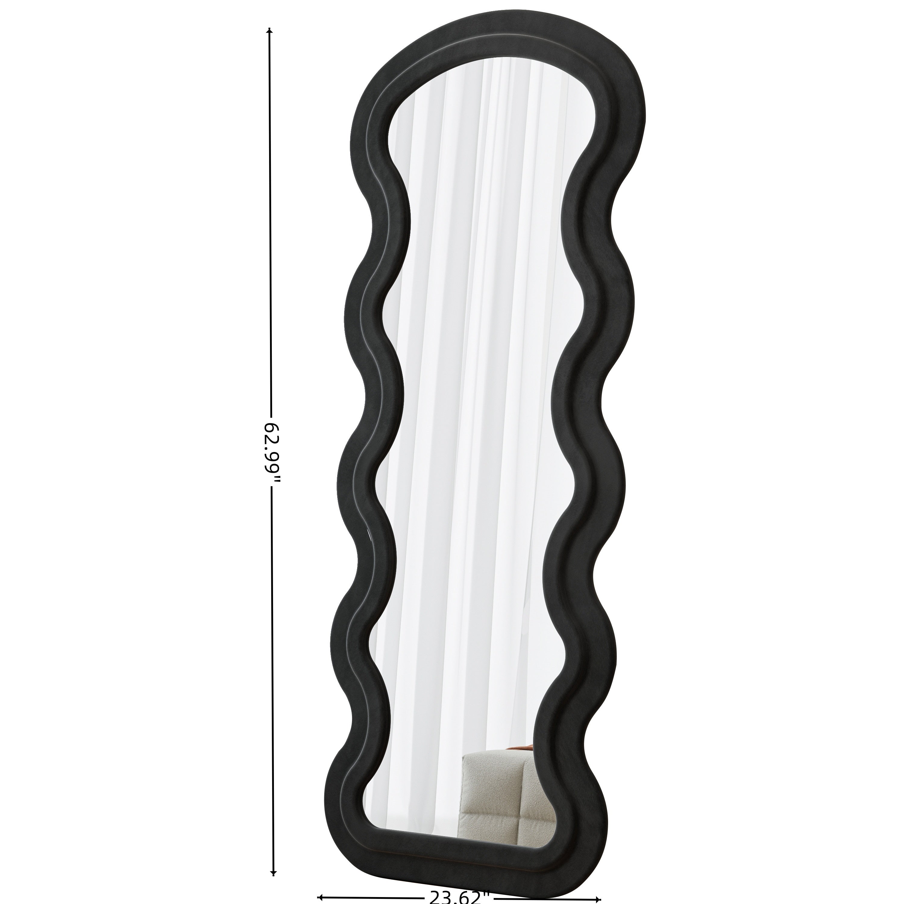 Floor Mirror Full Length Wave Flannel Frame Black 63x24 In Lean or Hang