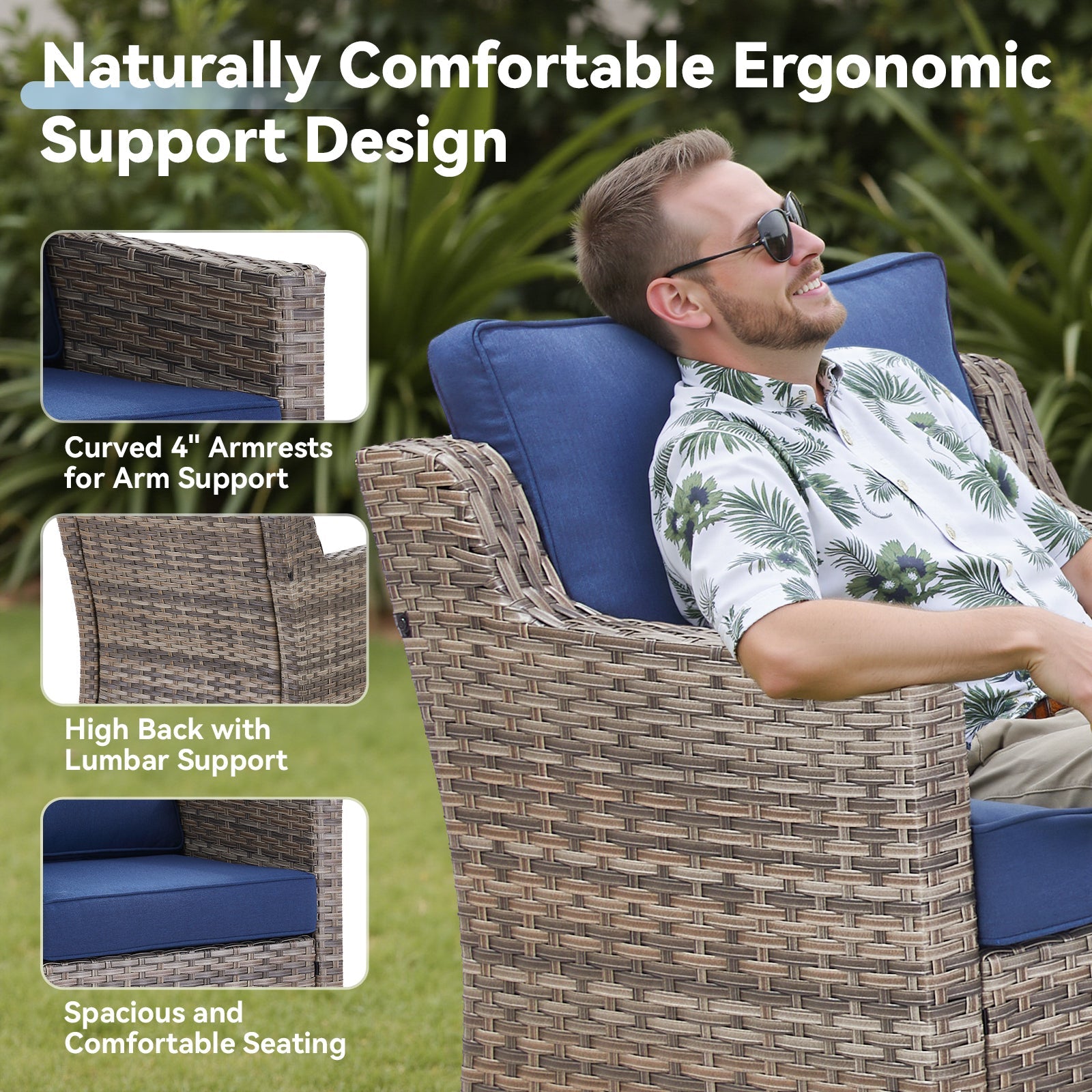 73.2 in Outdoor Patio Sofa, 3-Seat Gray Rattan Couch with Blue Cushions