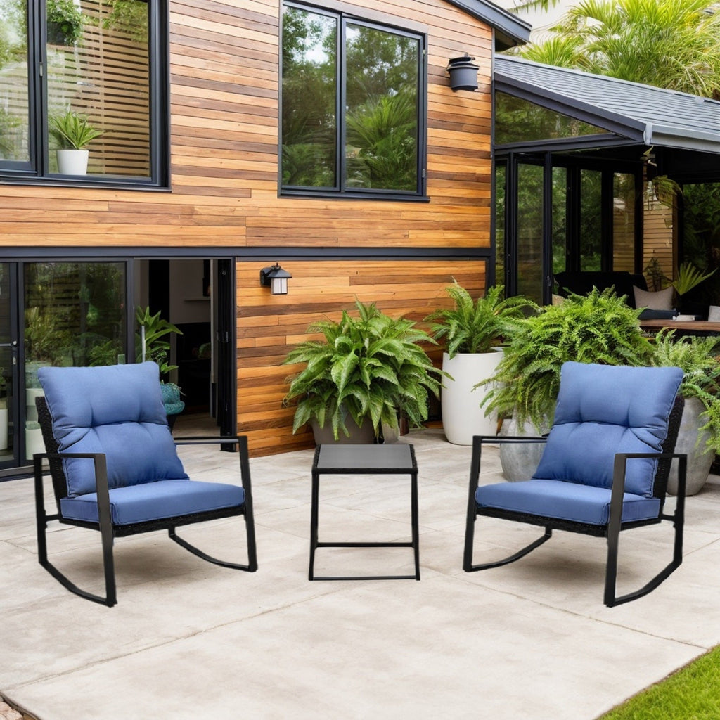 Outdoor Bistro Set Wicker Iron Blue 3 Piece Rocking Chairs Cushions Seats 2
