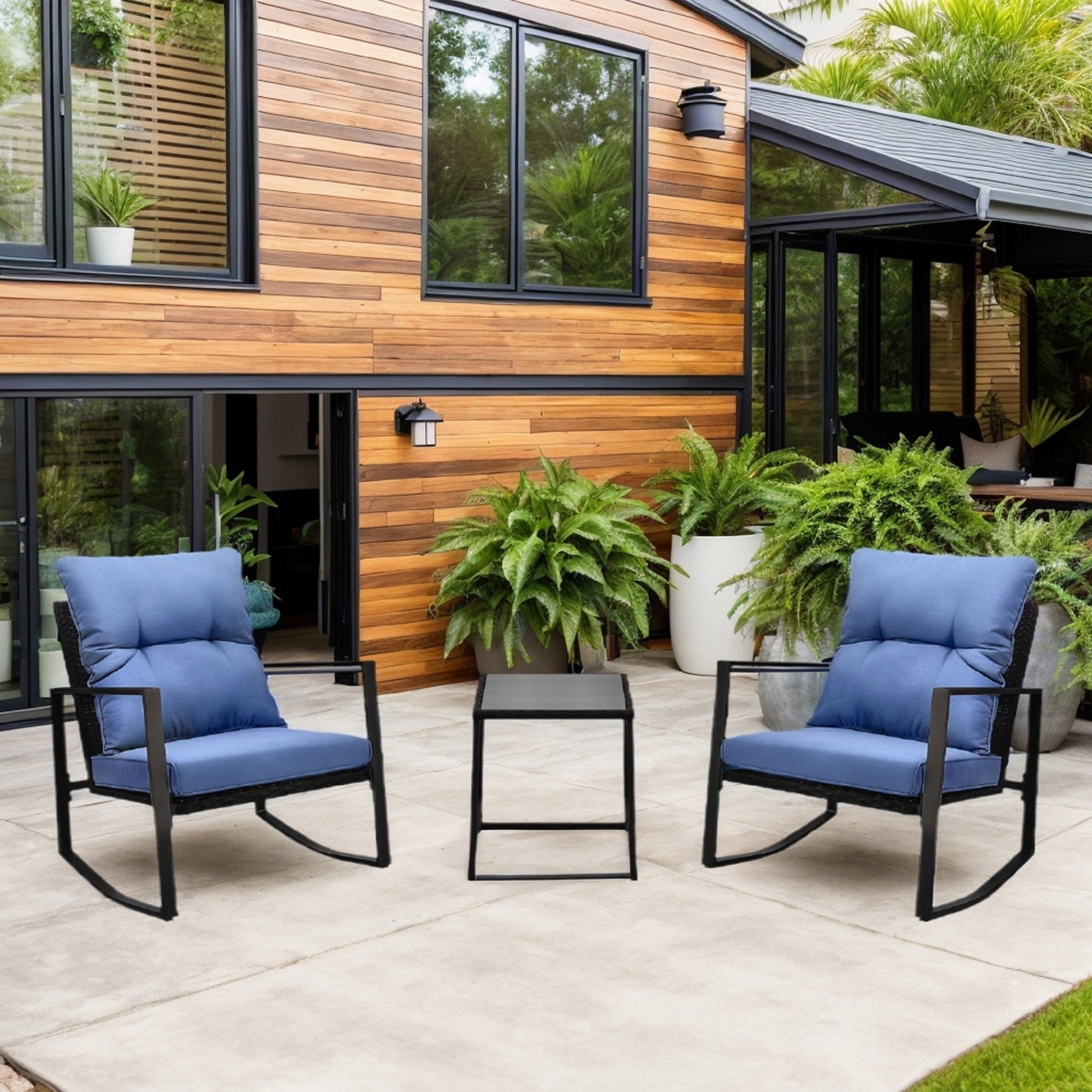 Outdoor Bistro Set Wicker Iron Blue 3 Piece Rocking Chairs Cushions Seats 2