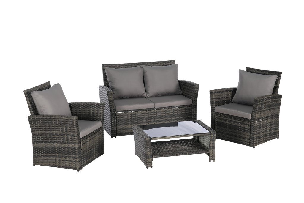 Outdoor Patio Set PE Rattan Steel Dark Gray 4 Piece Glass Seats 4