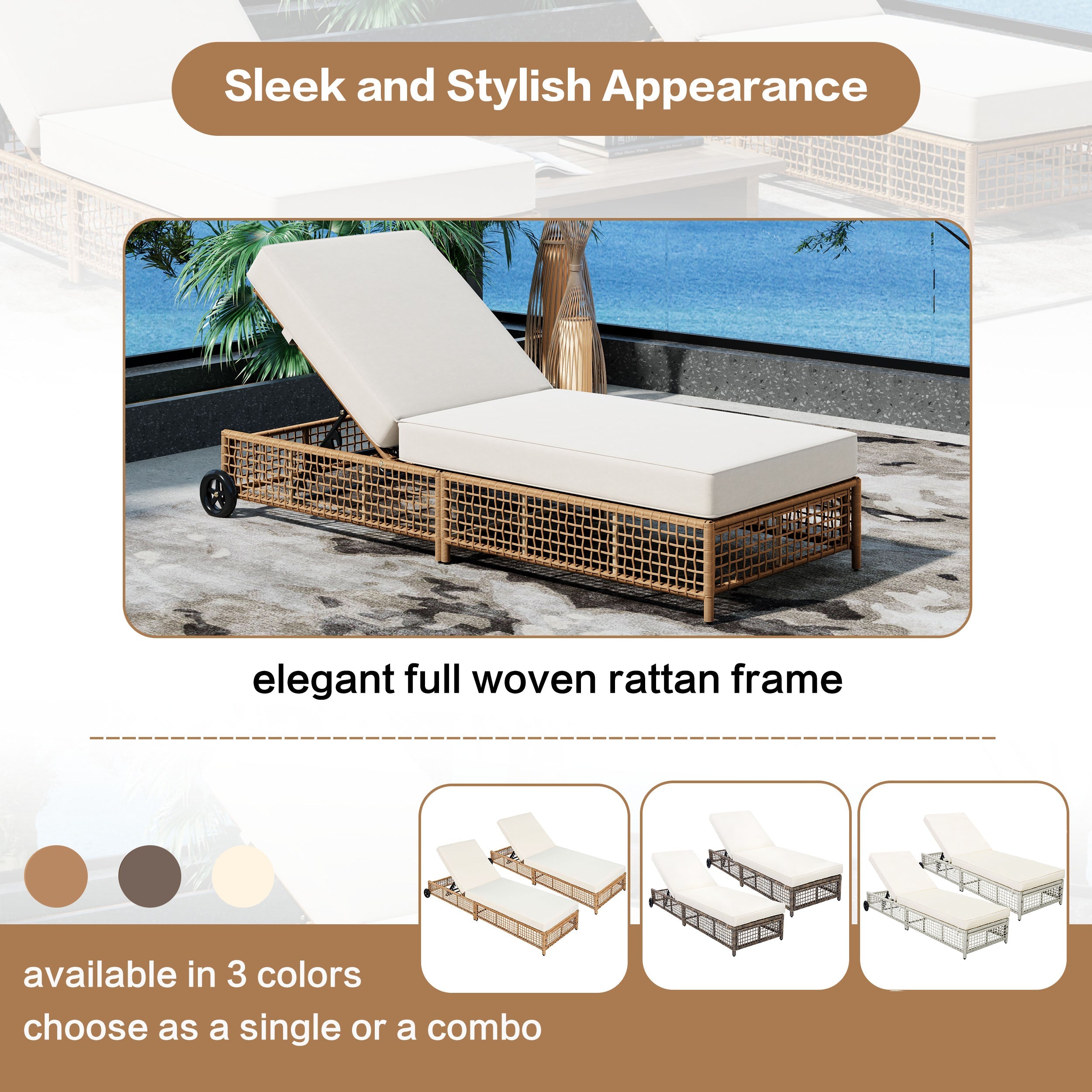 Outdoor Lounge Chair, 5-Position Adjustable Rattan Chaise with Cushion and