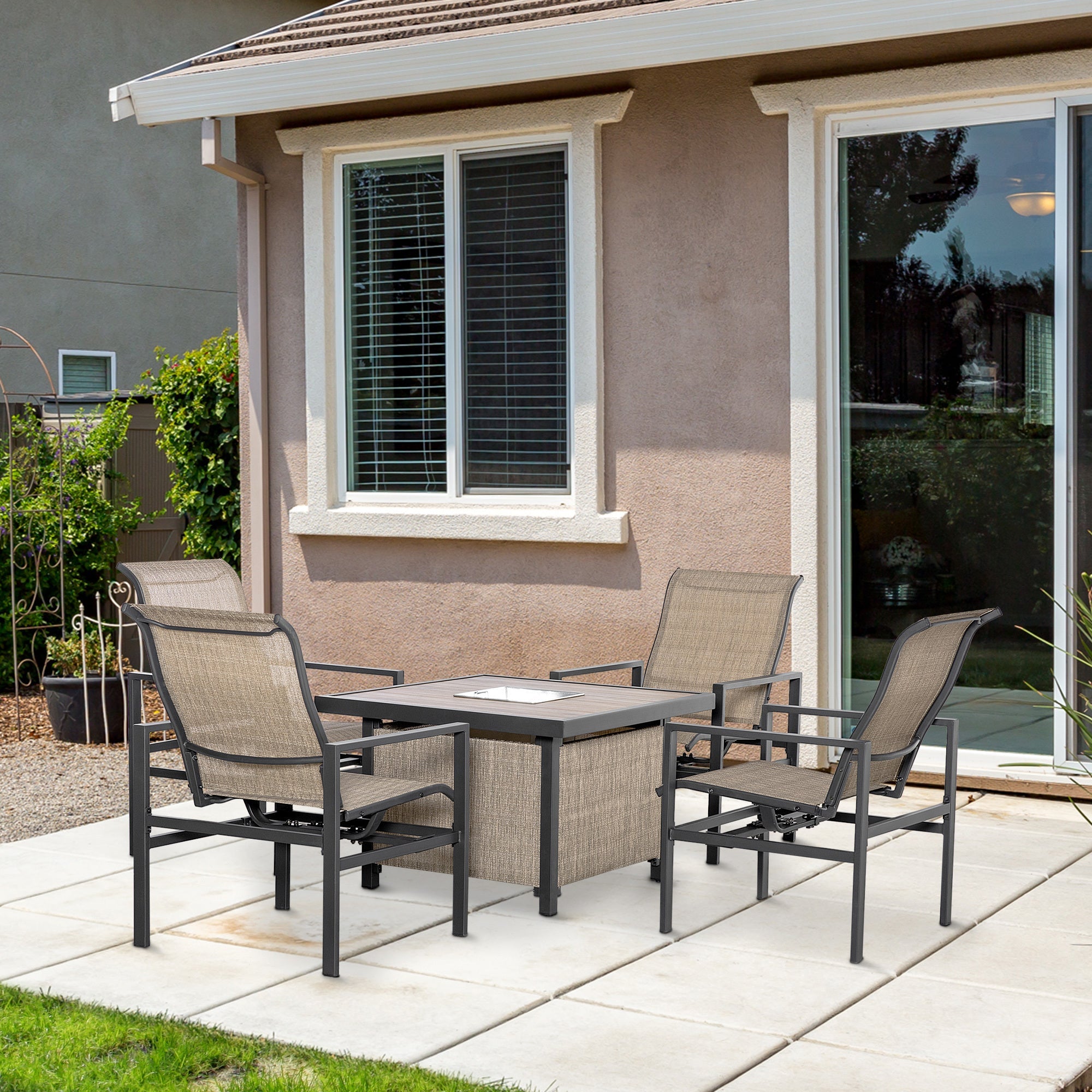 Outdoor Dining Set Steel Beige 5 Piece 4 Rocking Chairs Ice Bucket Table