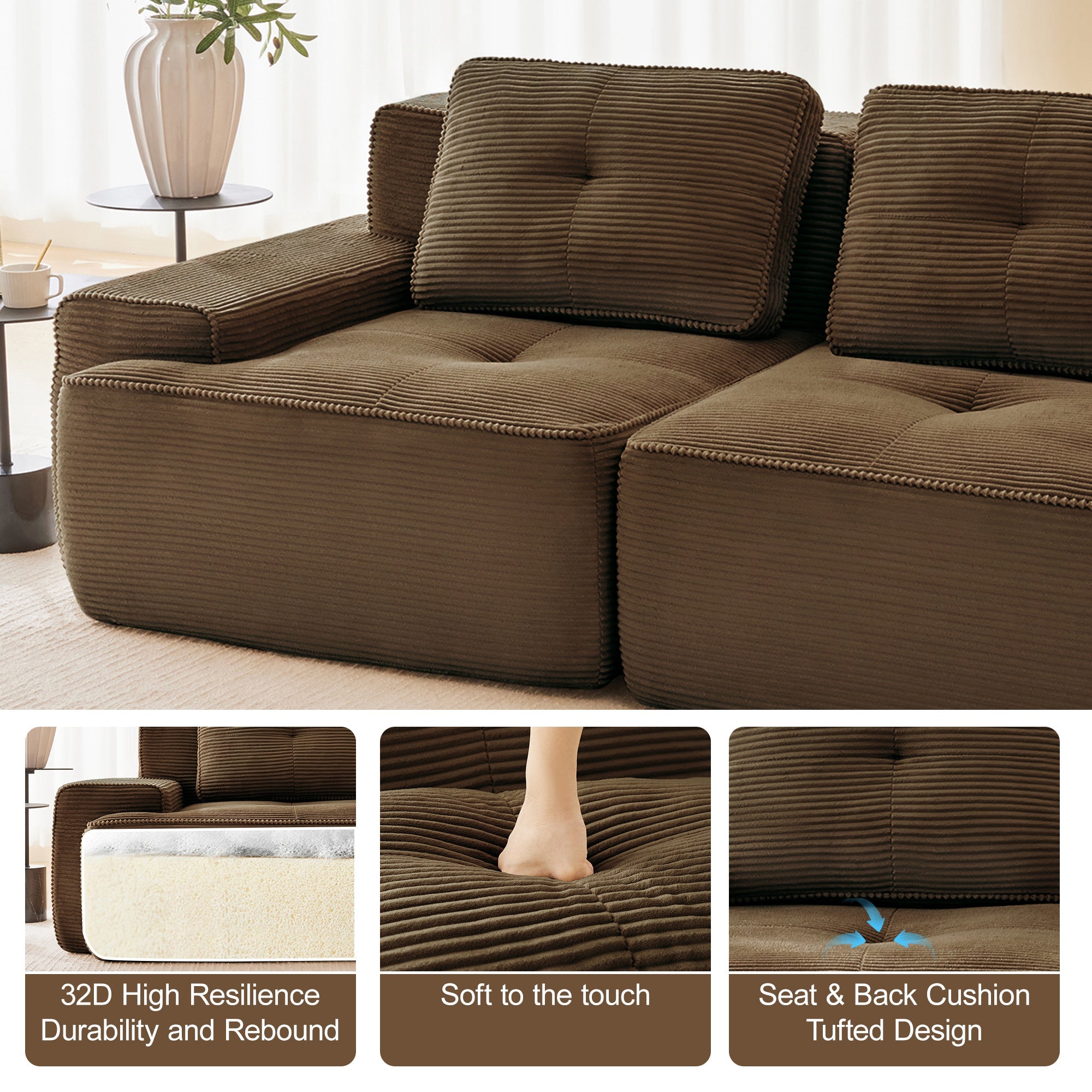 Sectional loveseat L-Shape Corduroy Brown 2 Seat Modular with Ottoman 82 In