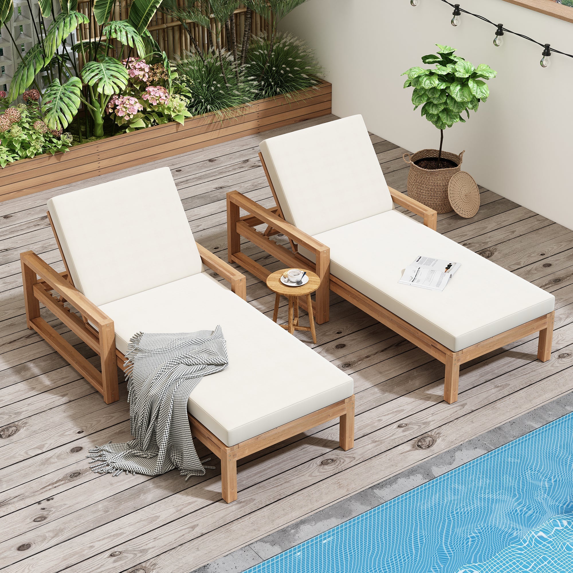 Outdoor Chaise Lounge Acacia Wood Light Teak Beige Cushion 5 Position 2