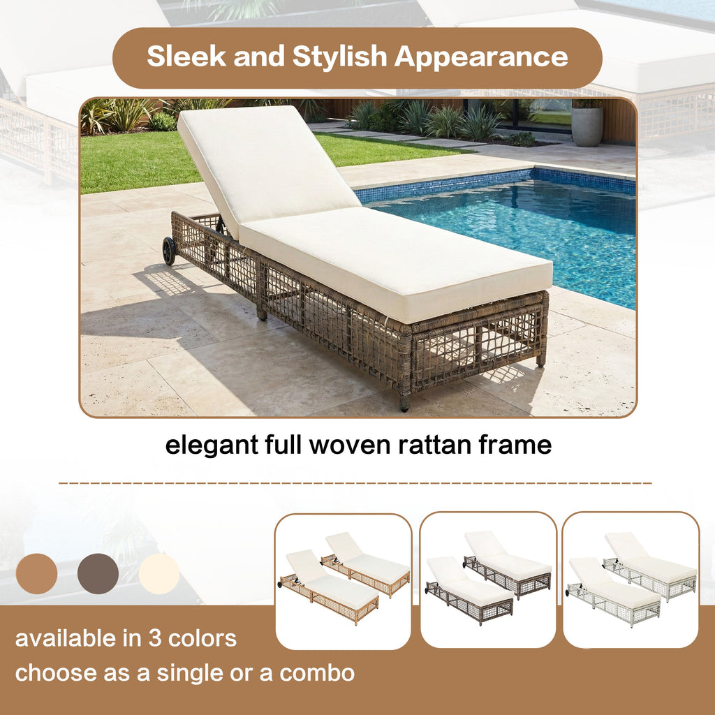 Outdoor Lounge Chair with 5-Position Backrest, Rattan Chaise Lounge in Beige