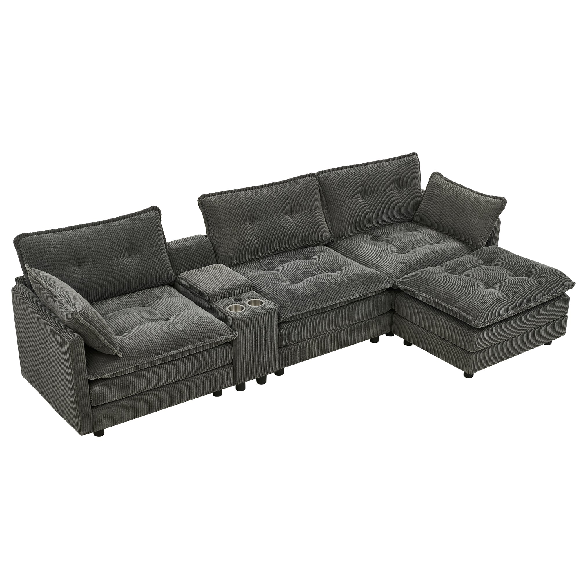 Sectional Sofa L-Shape Corduroy Gray 4 Seat USB Ports Ottoman 119 In