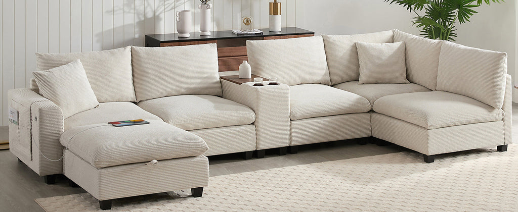 Sectional Sofa U-Shape Corduroy Beige 6 Seat Storage Ottoman USB 140 In