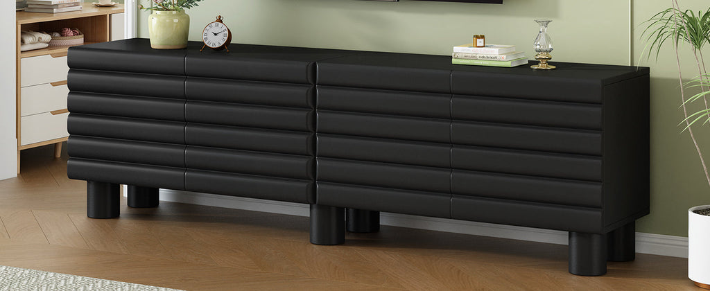 TV Stand Wavy Door Black MDF 4-Cabinet Cylindrical Legs Fits 70 In TV