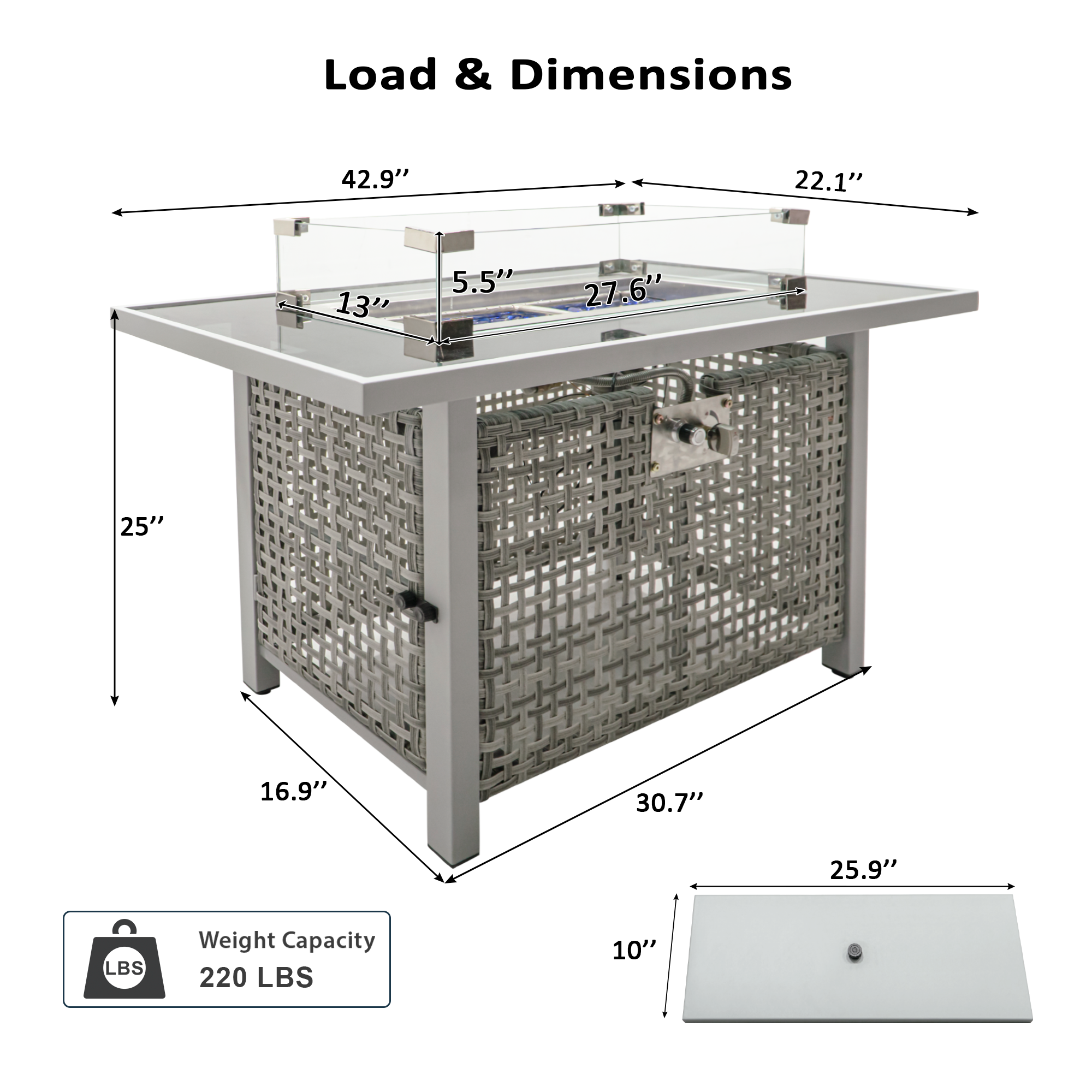 43 in Propane Gas Fire Pit Table 60,000 BTU Rectangular Open Weave Wicker, Grey
