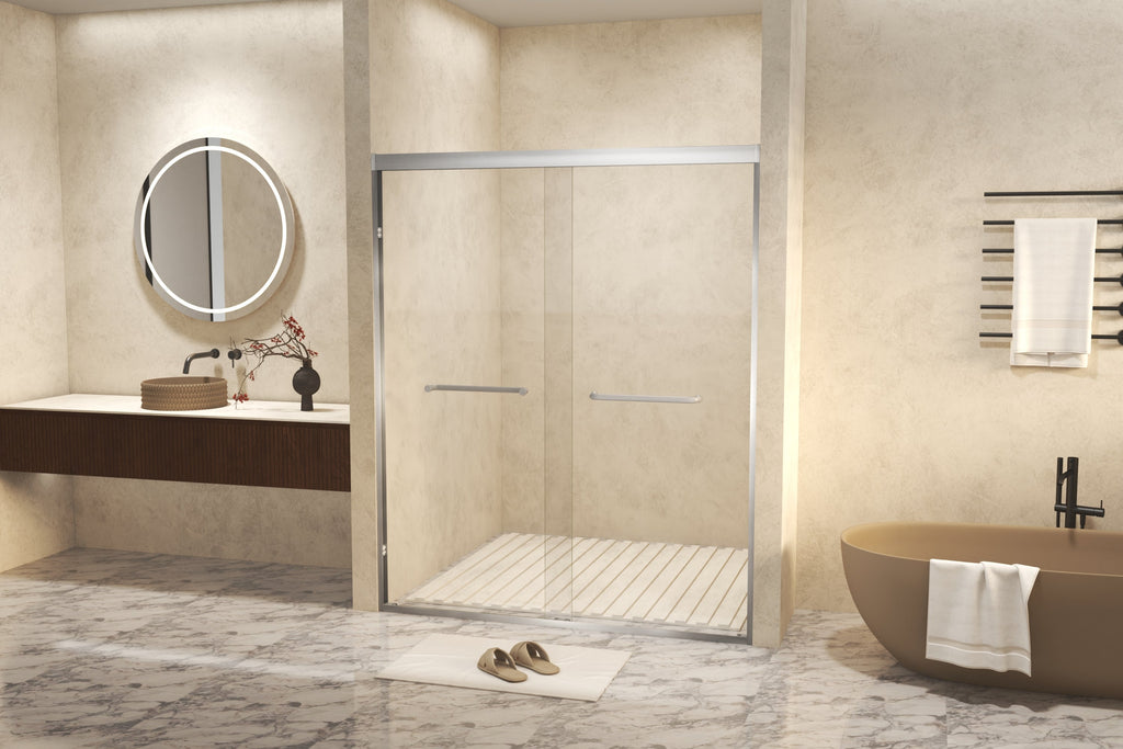 56-60in x 72in Aluminum Frame Double Sliding Shower Door, Brushed Nickel, 6mm