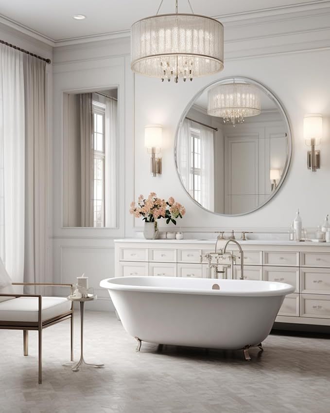 Wall Mirror Round Aluminum Frame Silver 42 In HD Glass Shatterproof Film
