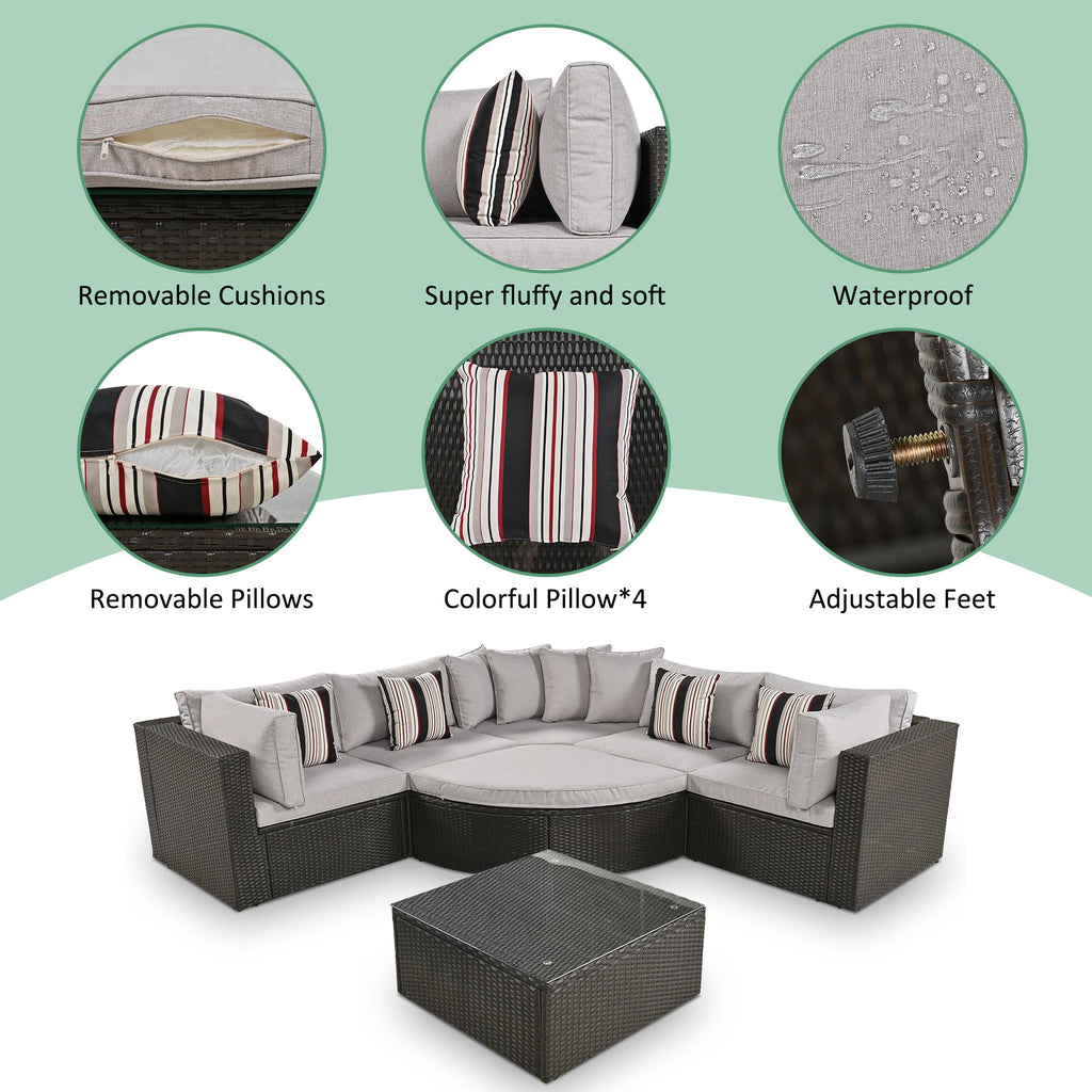 Outdoor Wicker Sofa Set Brown 7 Piece Colorful Pillows Seats 6