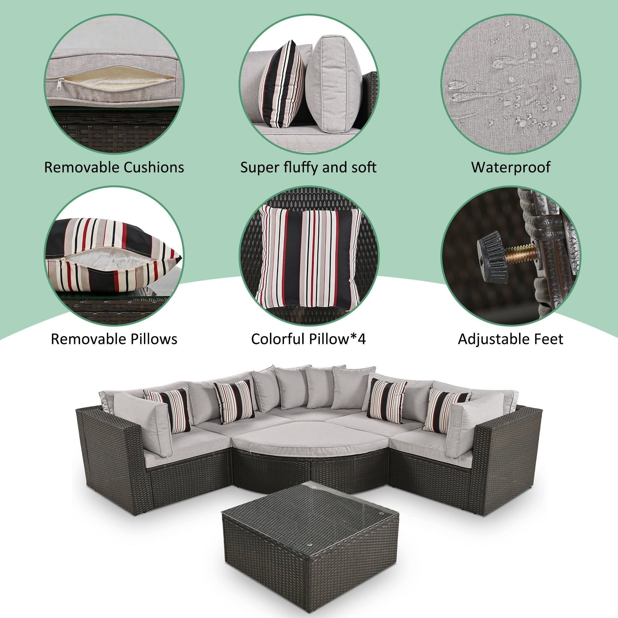Outdoor Wicker Sofa Set Brown 7 Piece Colorful Pillows Seats 6