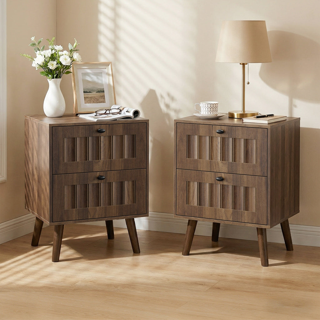 Double Drawer Bedside Table, Solid Wood Legs, Walnut, 15.75x15.75 in, 2-Pack