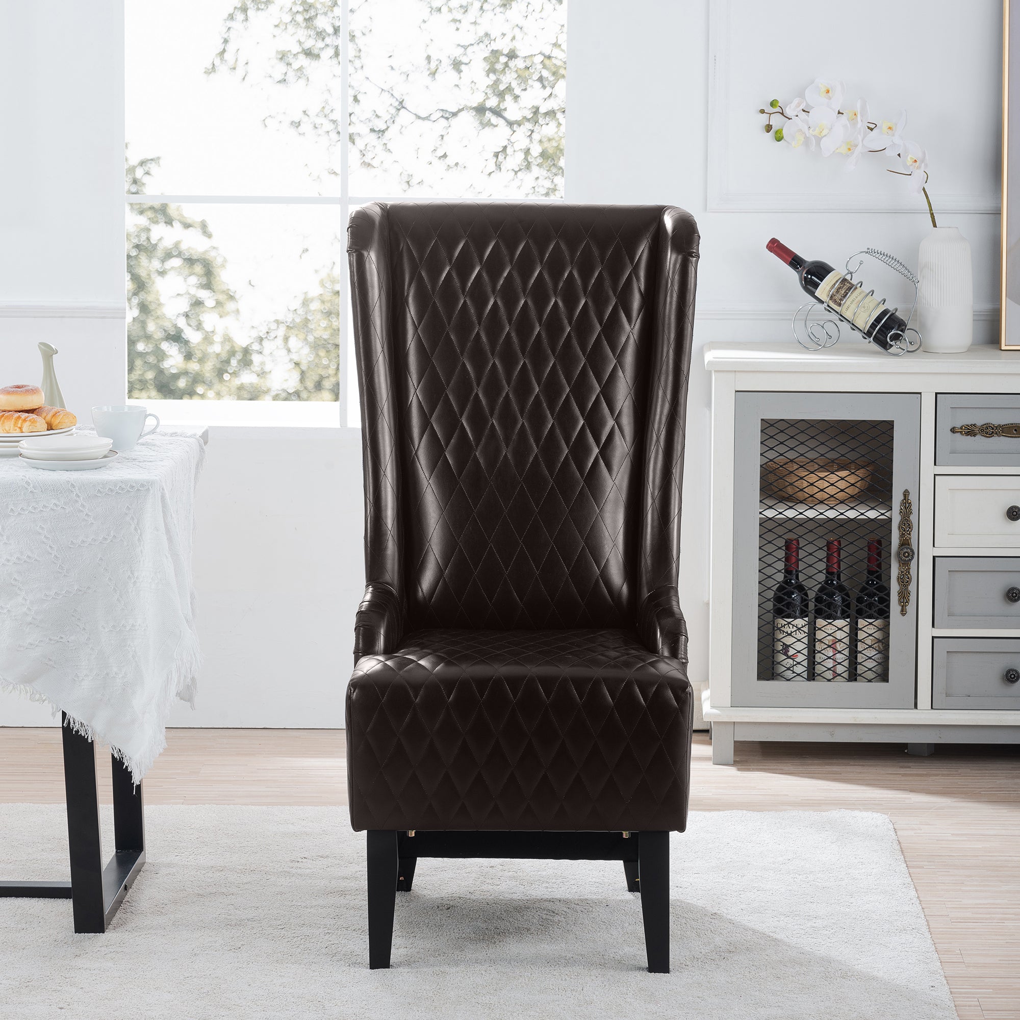 Accent Chair Wingback PU Leather Dark Brown High-Back Birch Legs 220 LB