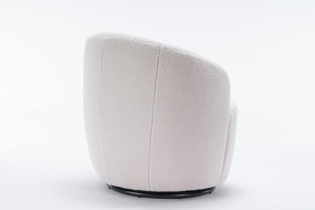 Accent Chair Swivel Barrel Teddy Fabric Ivory Black Ring Base 360 Degree 250 LB