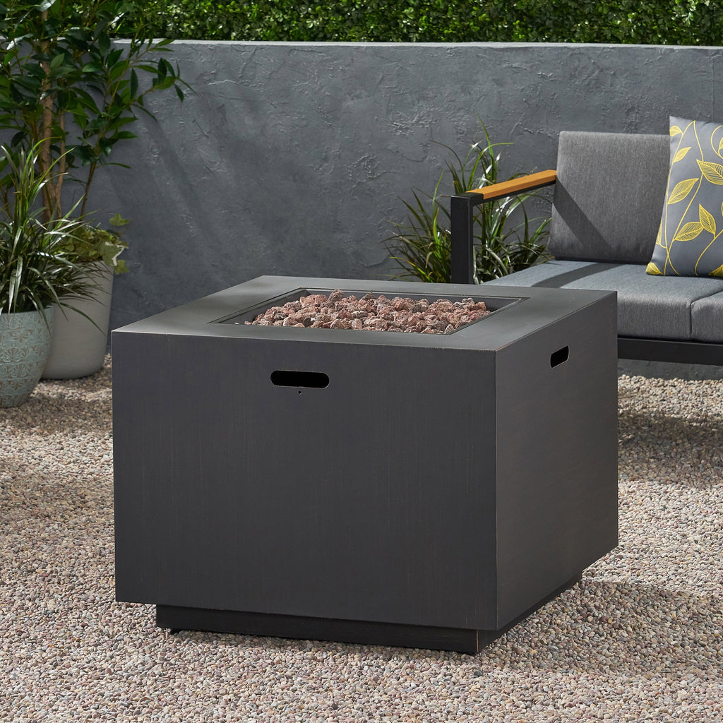 33' Outdoor Iron Square Propane Fire Pit, Tank Inside, Brushed Brown 50,000 BTU