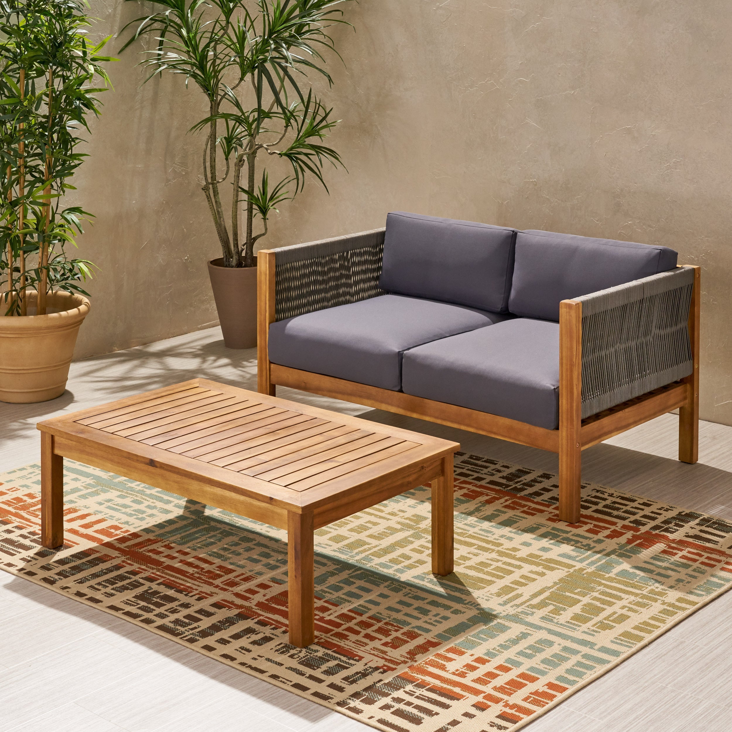 Outdoor Loveseat Set Acacia Wood Rattan Rope Teak Cushion 2 Piece