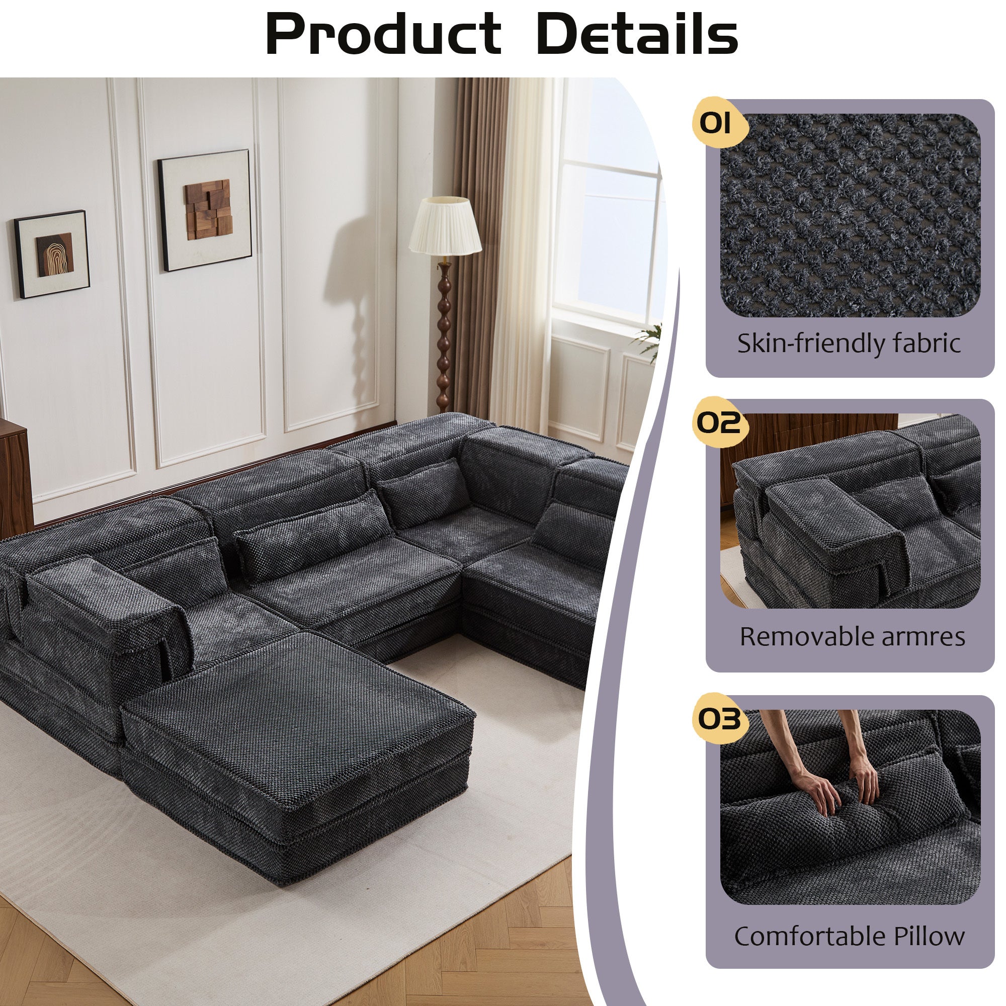 Sectional Sofa Modular Circle Fleece Dark Gray 4 Seat Ottoman 157 In