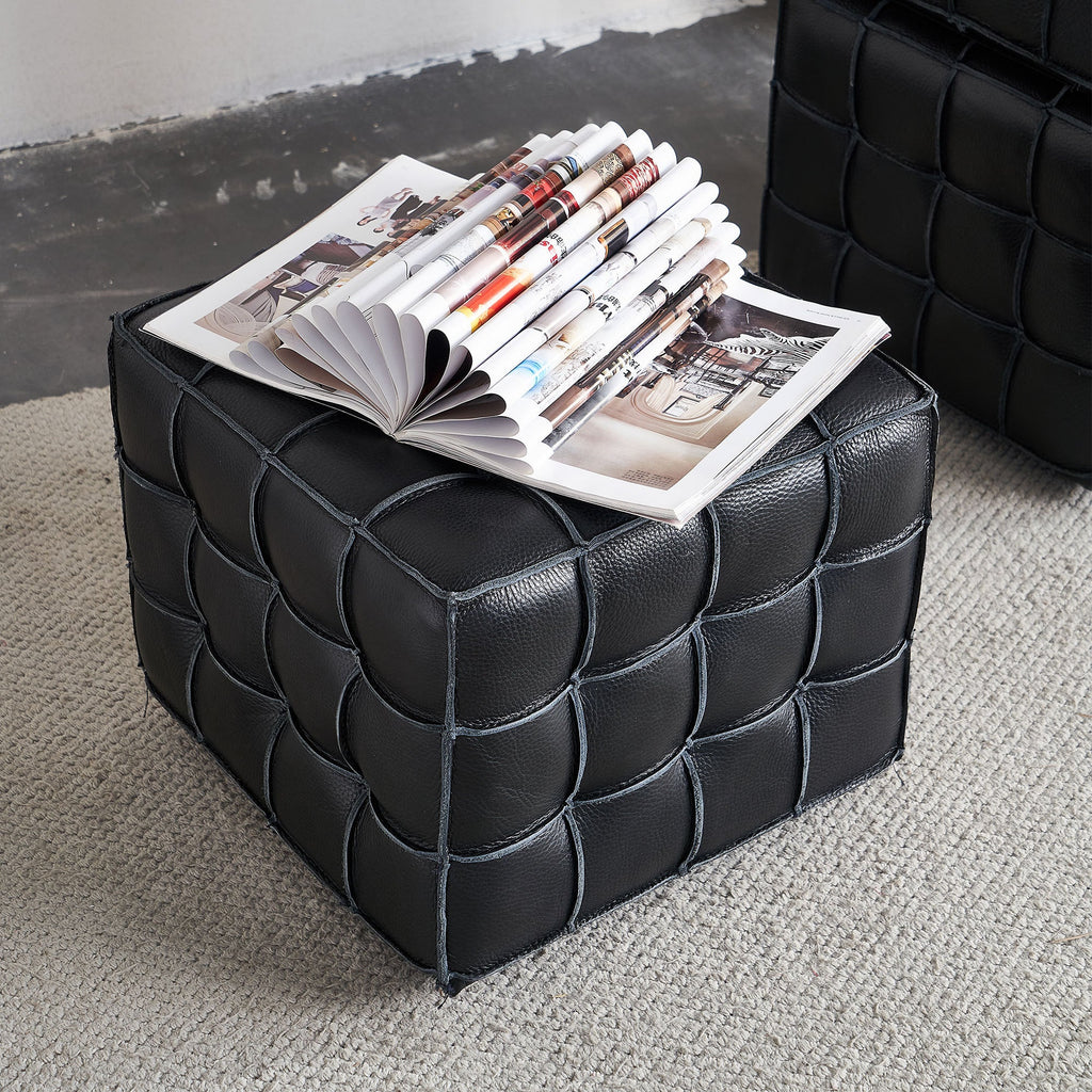 17.32'' Quality Leather Tufted Ottoman Footstool for Living Room, Black