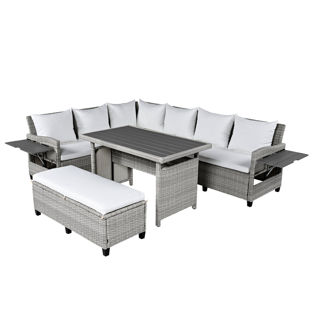 Outdoor Sectional Set PE Rattan Steel White 5 Piece Seats 7 Extendable