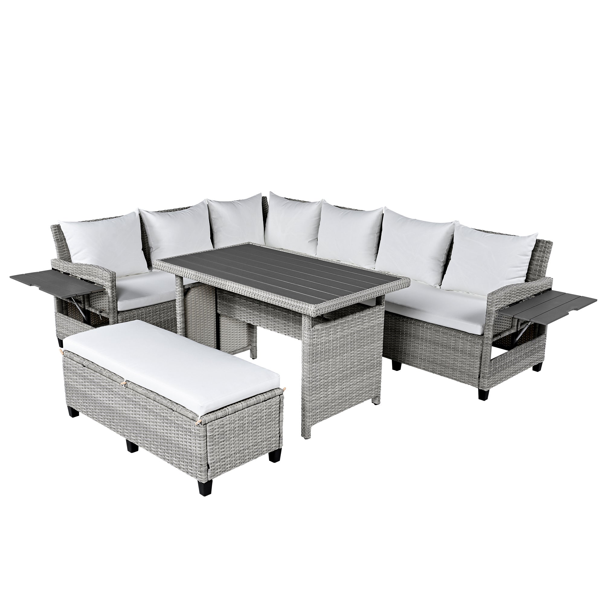 Outdoor Sectional Set PE Rattan Steel White 5 Piece Seats 7 Extendable