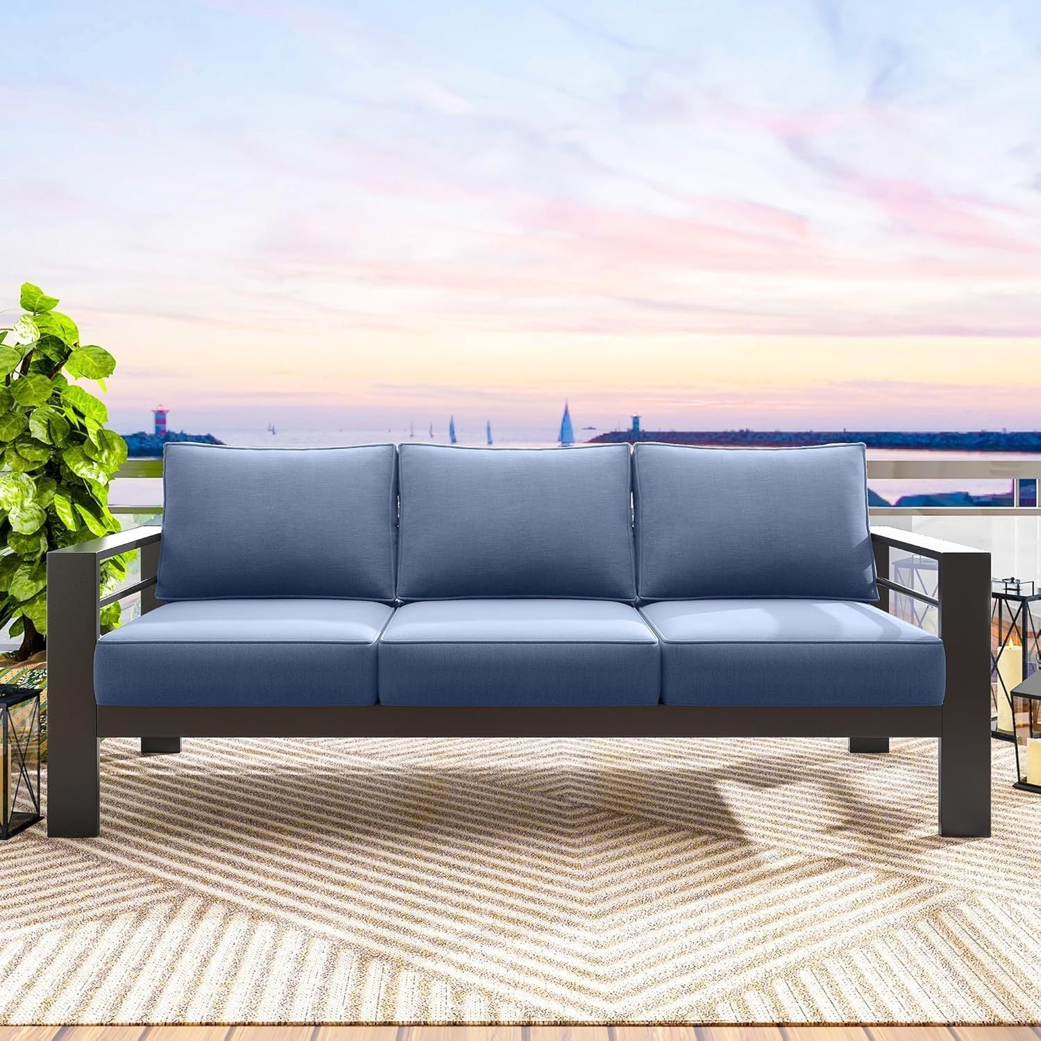 Outdoor Aluminum Sofa 3 Seat 74" Blue Cushions