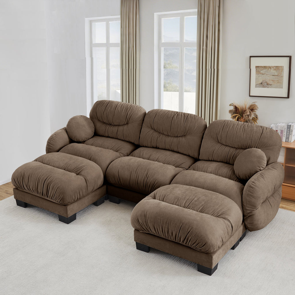 Sectional Sofa Modular Chenille Brown 3 Seat 2 Ottomans Pleated Backrest