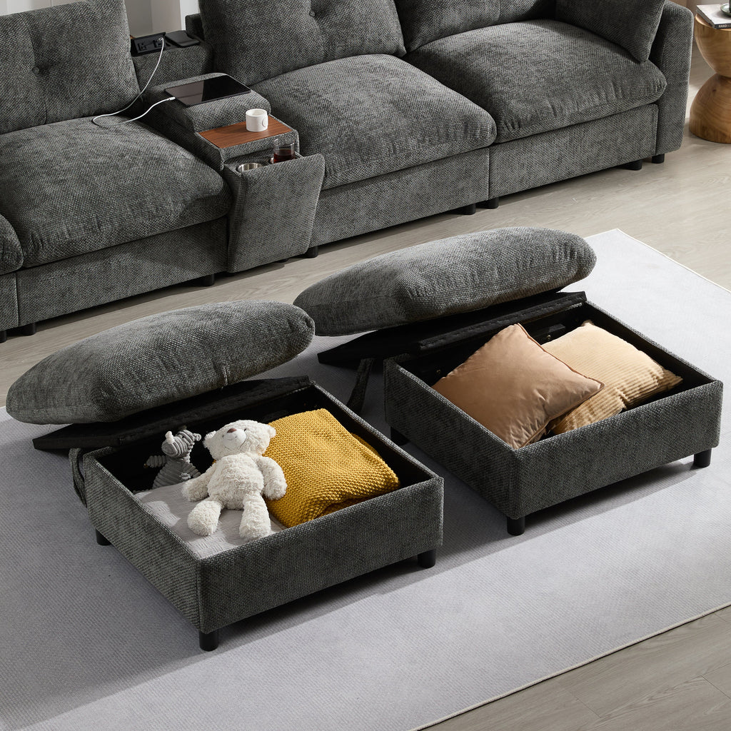 Sectional Sofa U-Shape Chenille Gray 6 Seat USB Console 136 In