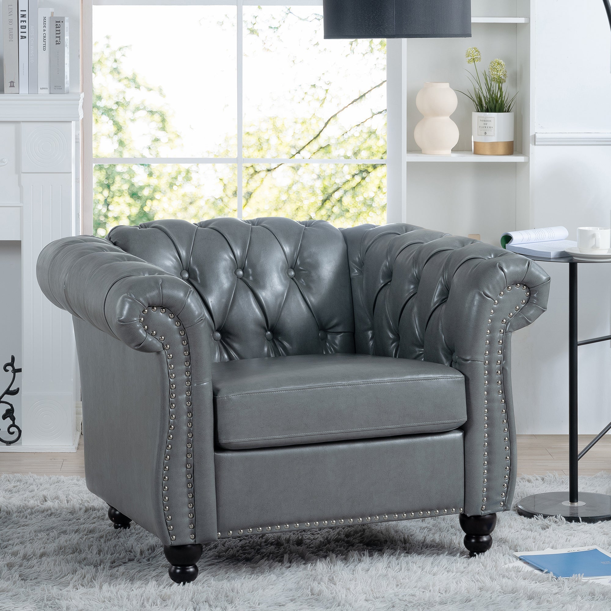 Accent Chair Contemporary PU Leather Gray Birch Legs 39x32x28 In 220 LB