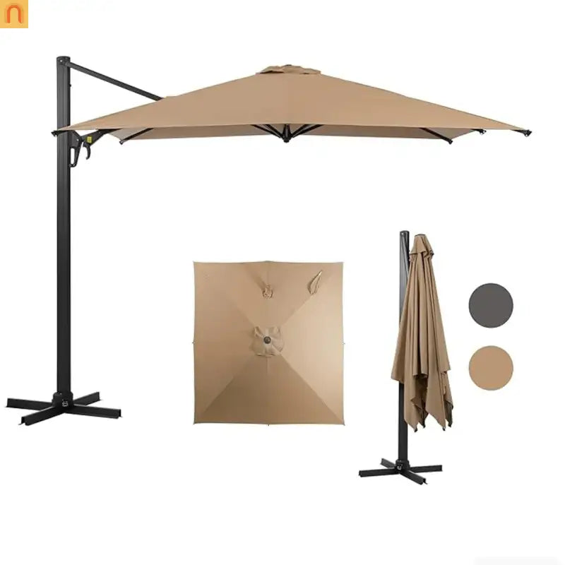 Patio Umbrella Cantilever Khaki 10ft Square 360 Degree UPF 50 Plus