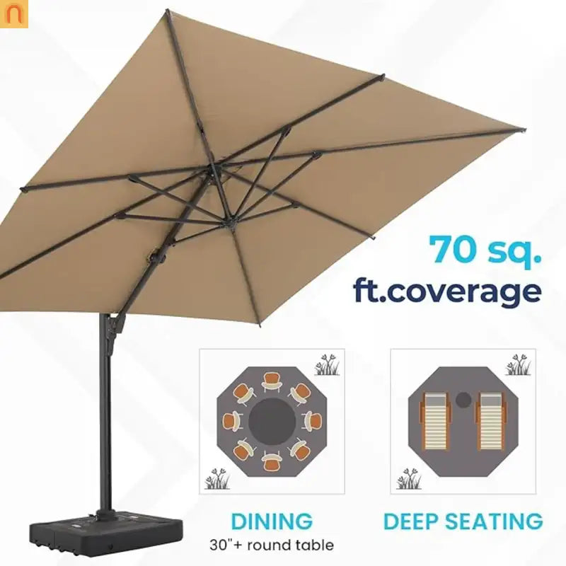 Patio Umbrella Cantilever Khaki 10ft Square 360 Degree UPF 50 Plus