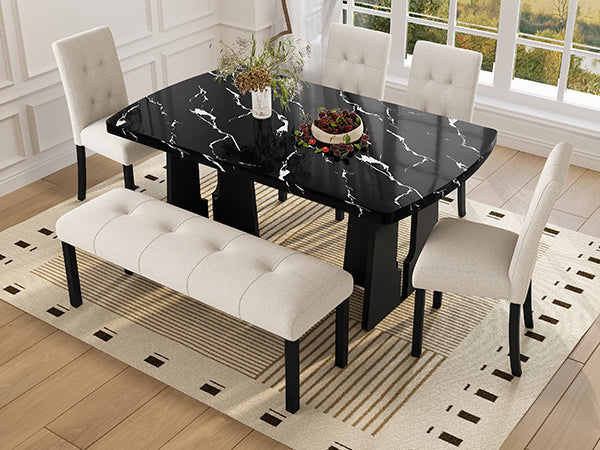 6 Piece Modern Dining Table Set, 63' Faux Marble Dining Table with Geometric