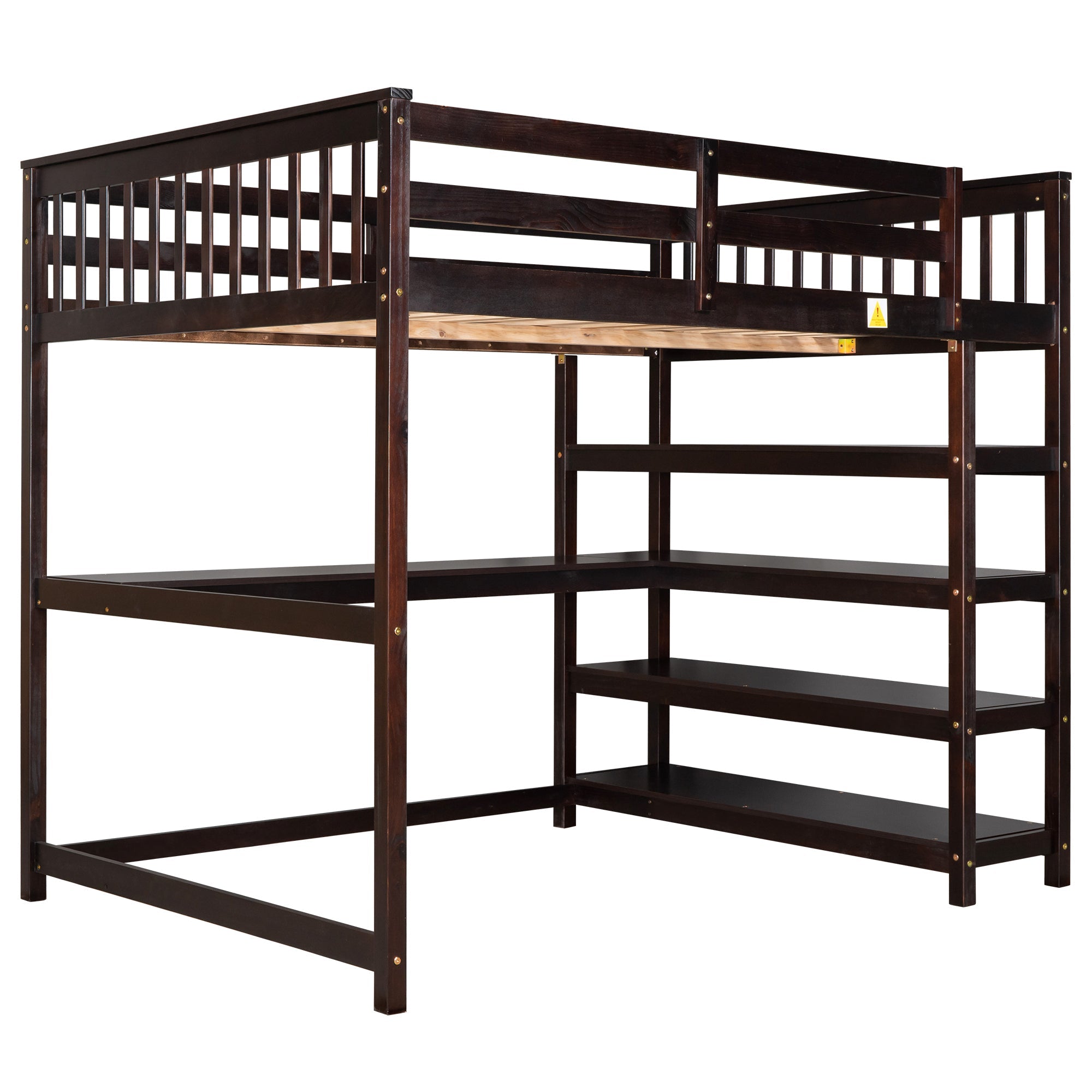 Espresso Full Size Loft Bed with Storage Shelves and Under-bed Desk, Solid Pi...