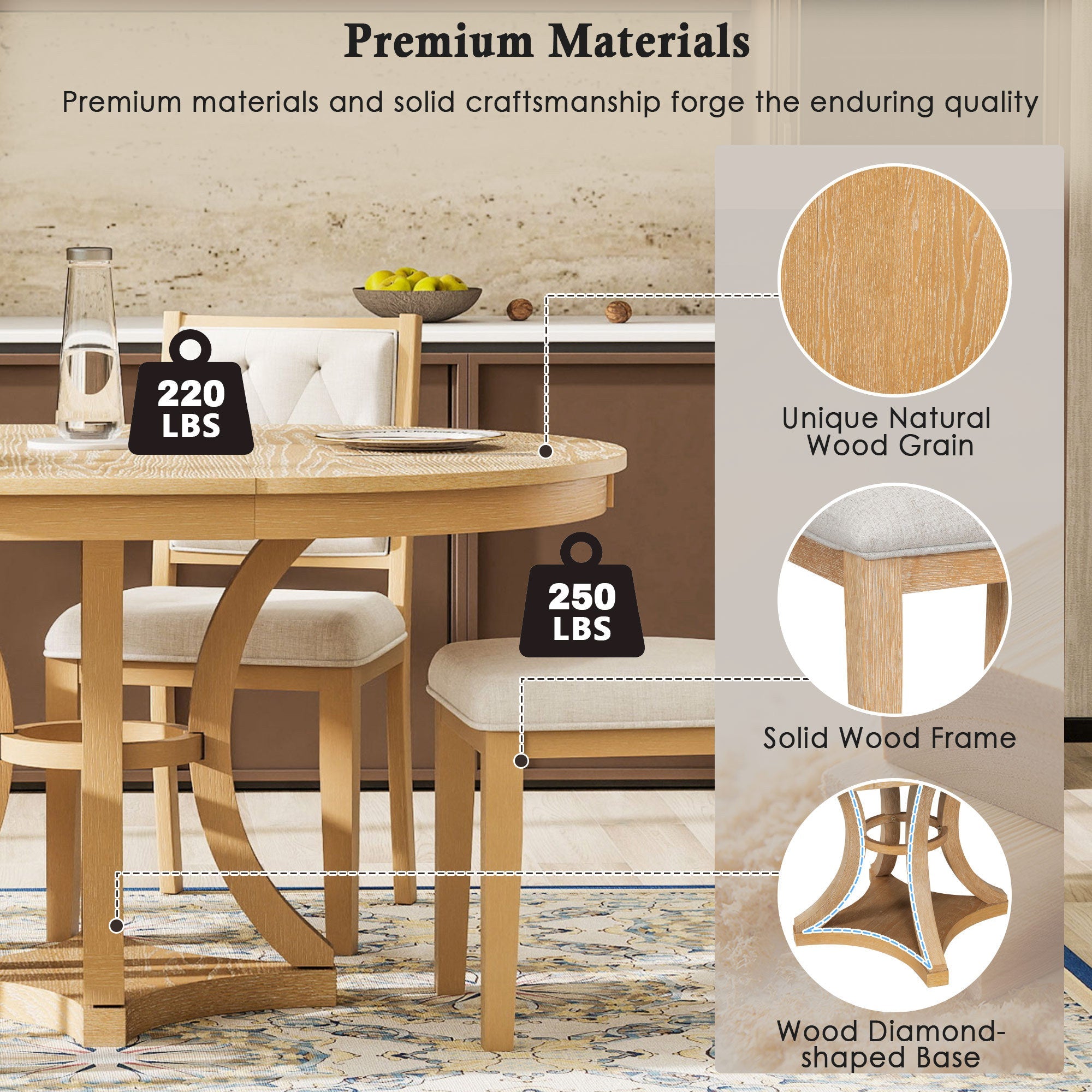 5-Piece Retro Functional Dining Table Set Extendable Round Table and 4