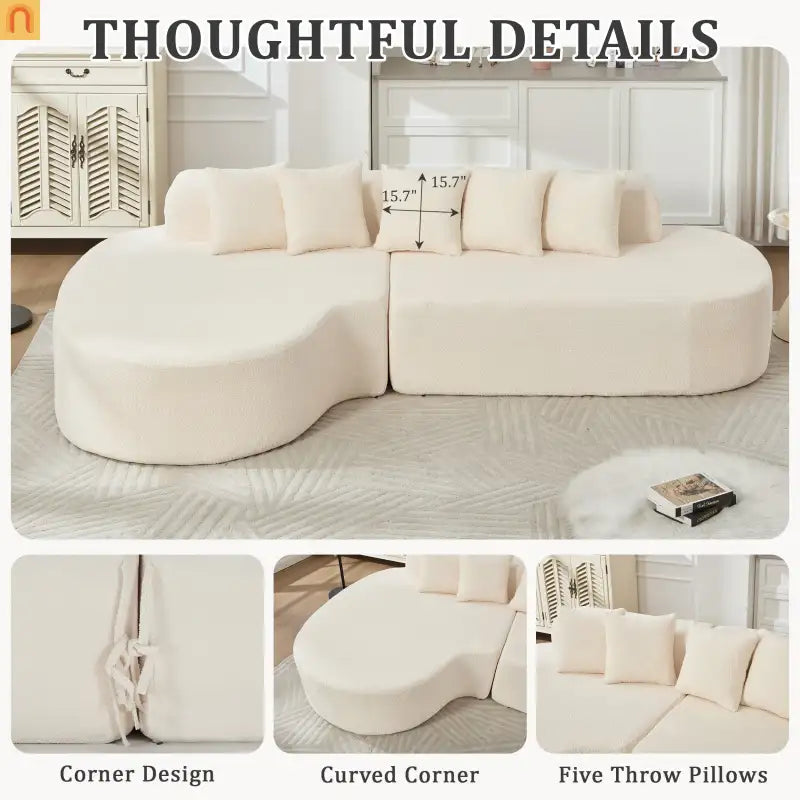 Sectional Sofa Curved Chaise Chenille Ivory 3 Seat 112 In 5 Pillows