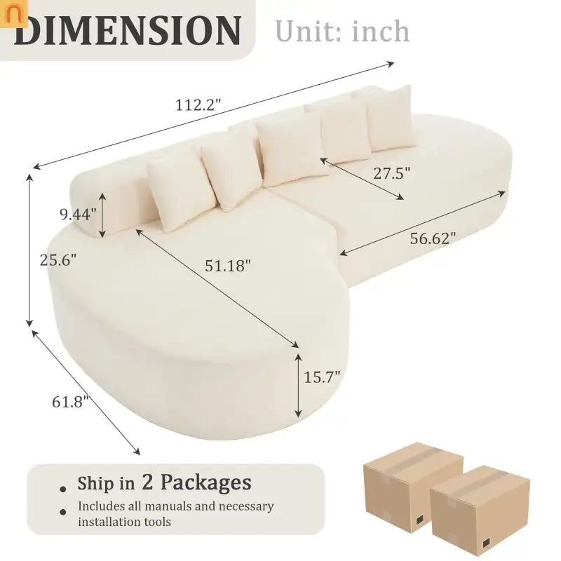 Sectional Sofa Curved Chaise Chenille Ivory 3 Seat 112 In 5 Pillows