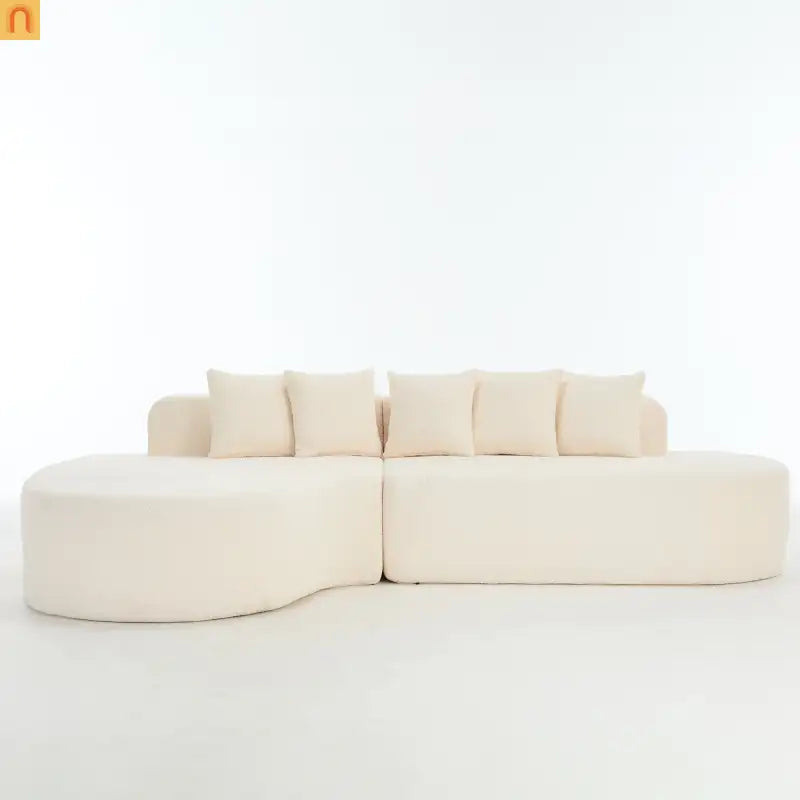 Sectional Sofa Curved Chaise Chenille Ivory 3 Seat 112 In 5 Pillows