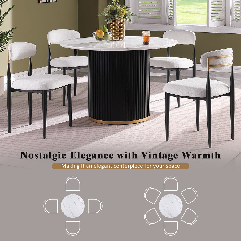 Modern 46' Round Dining Table Set for 4, Faux Marble Top with Black Wave Metal